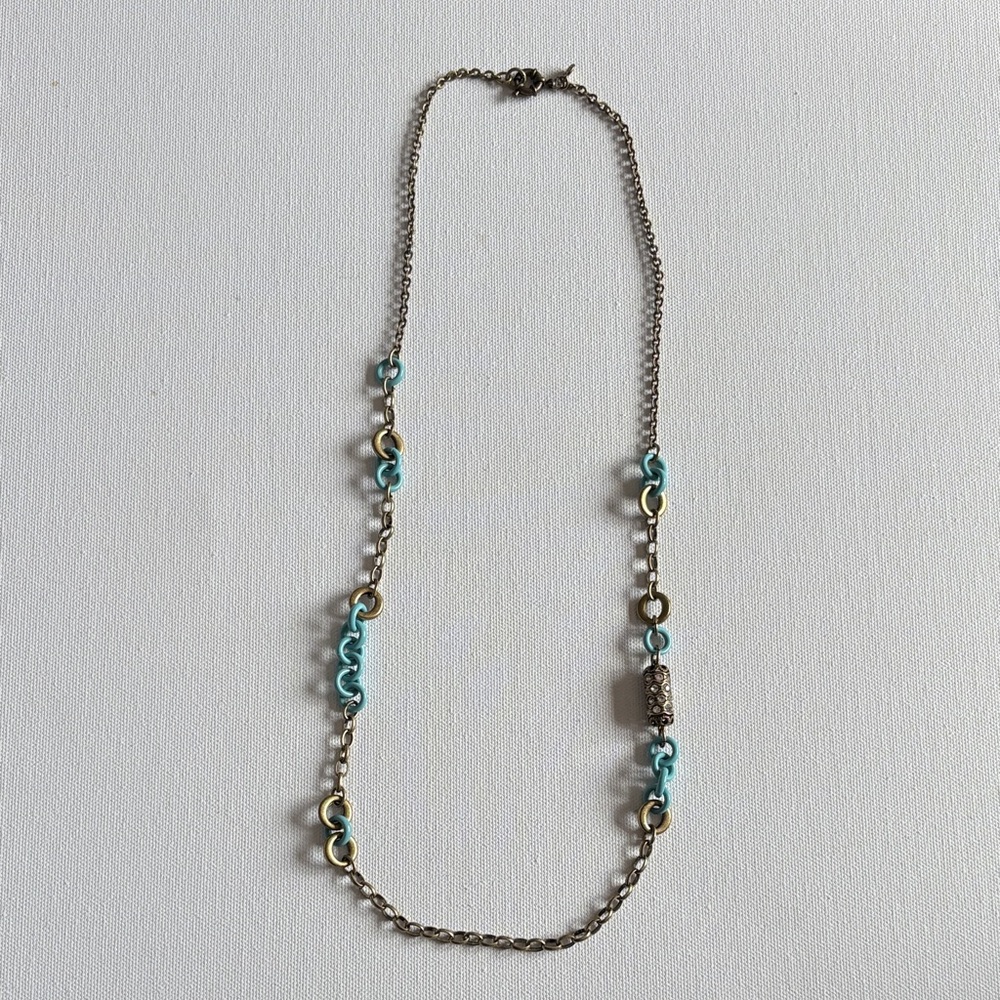 J Crew Crystal Barrel Brass Turquoise Link Necklace